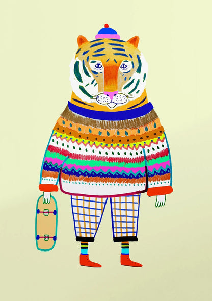 Colorful illustration of a tiger wearing a sweater and holding a skateboard on a beige background