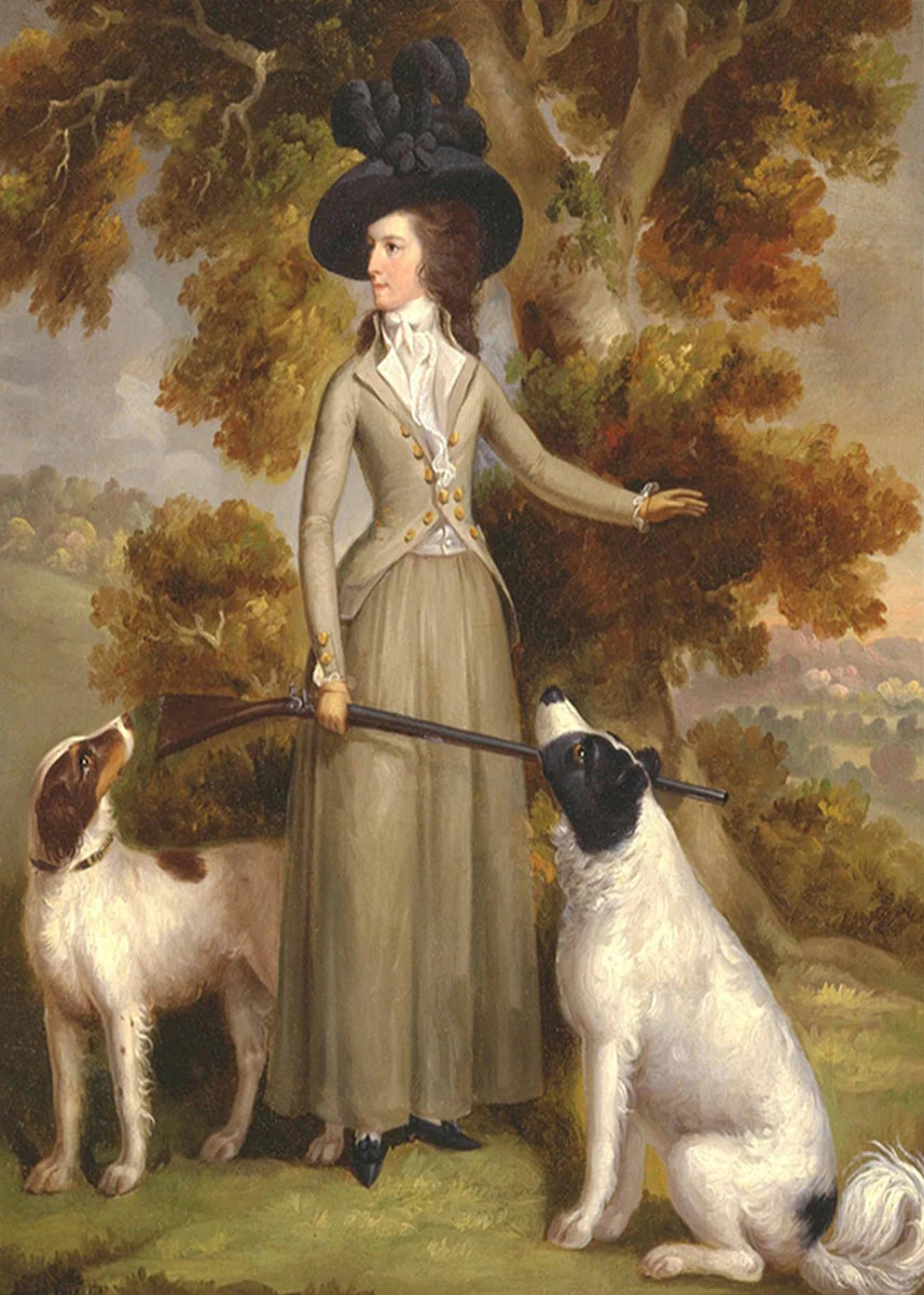 Painting of a woman in formal attire with two dogs in a natural setting