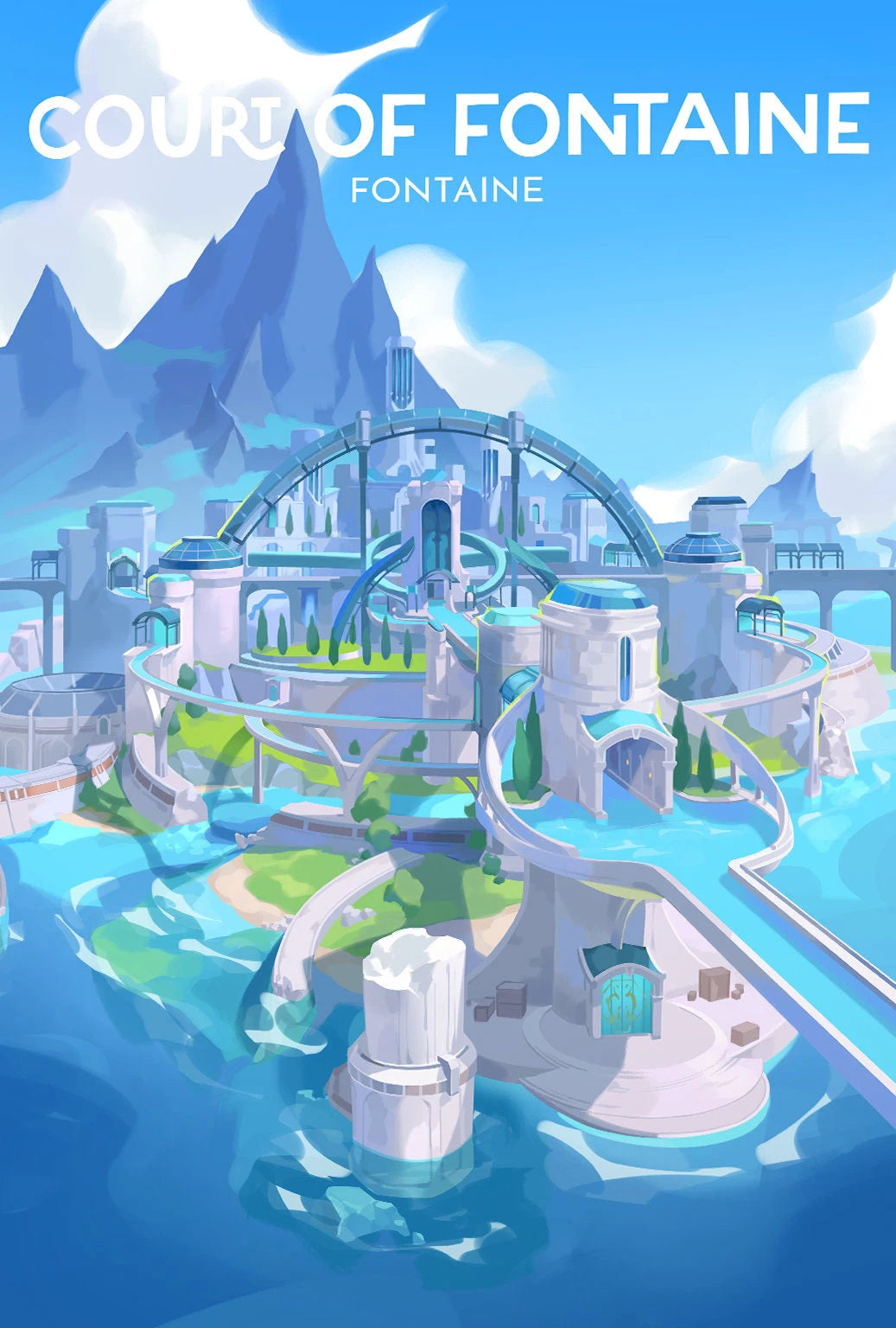 Illustration of a futuristic cityscape with water features and mountains in the background, featuring the text 'Court of Fontaine' and 'Fontaine'.