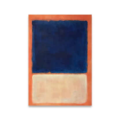 Abstract art piece with blue and orange sections on a white background
