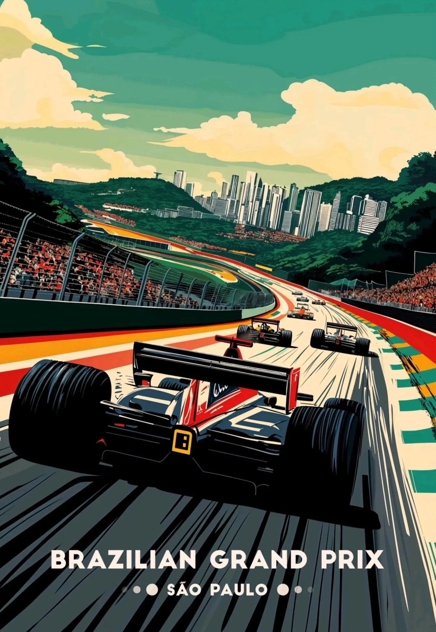 Illustration of a Formula 1 race car on a track with a cityscape in the background, labeled 'Brazilian Grand Prix São Paulo'.