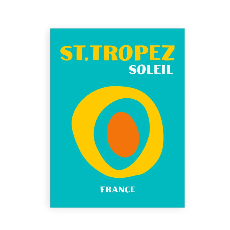 St. Tropez Soleil poster with colorful design on a blue background