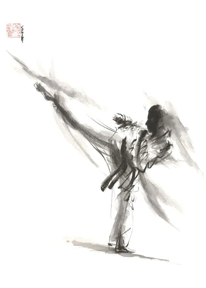 Ink illustration of a dancer with a flowing skirt on a white background