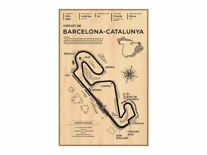 Map of Circuit de Barcelona-Catalunya with track layout and branding on a beige background