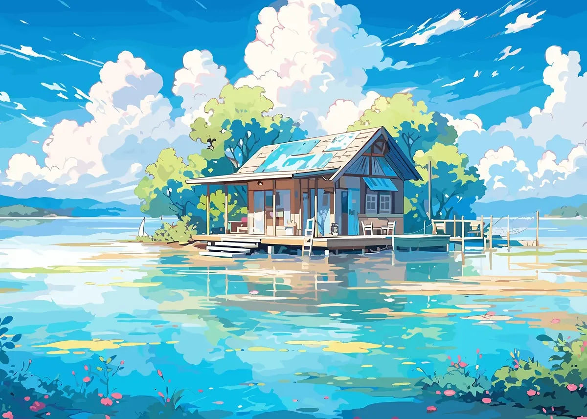 Illustration of a cabin by a lake with a clear blue sky.