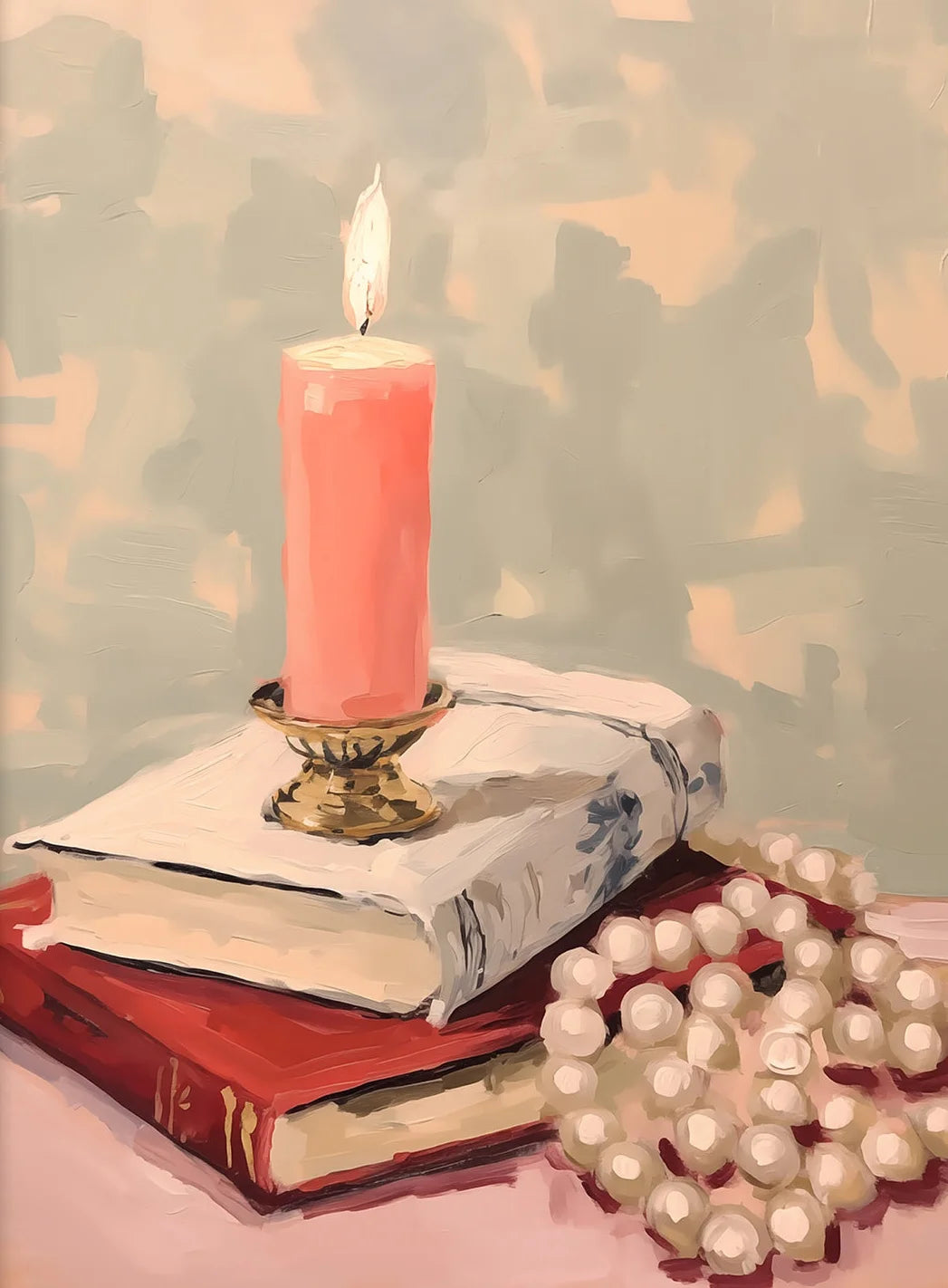 Pink candle on books with a textured background