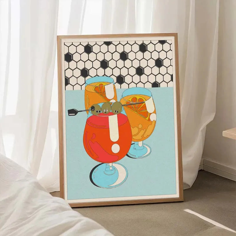 Framed artwork of a colorful cocktail illustration on a light blue background.