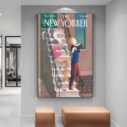 Framed New Yorker magazine cover on a wall in a modern interior setting