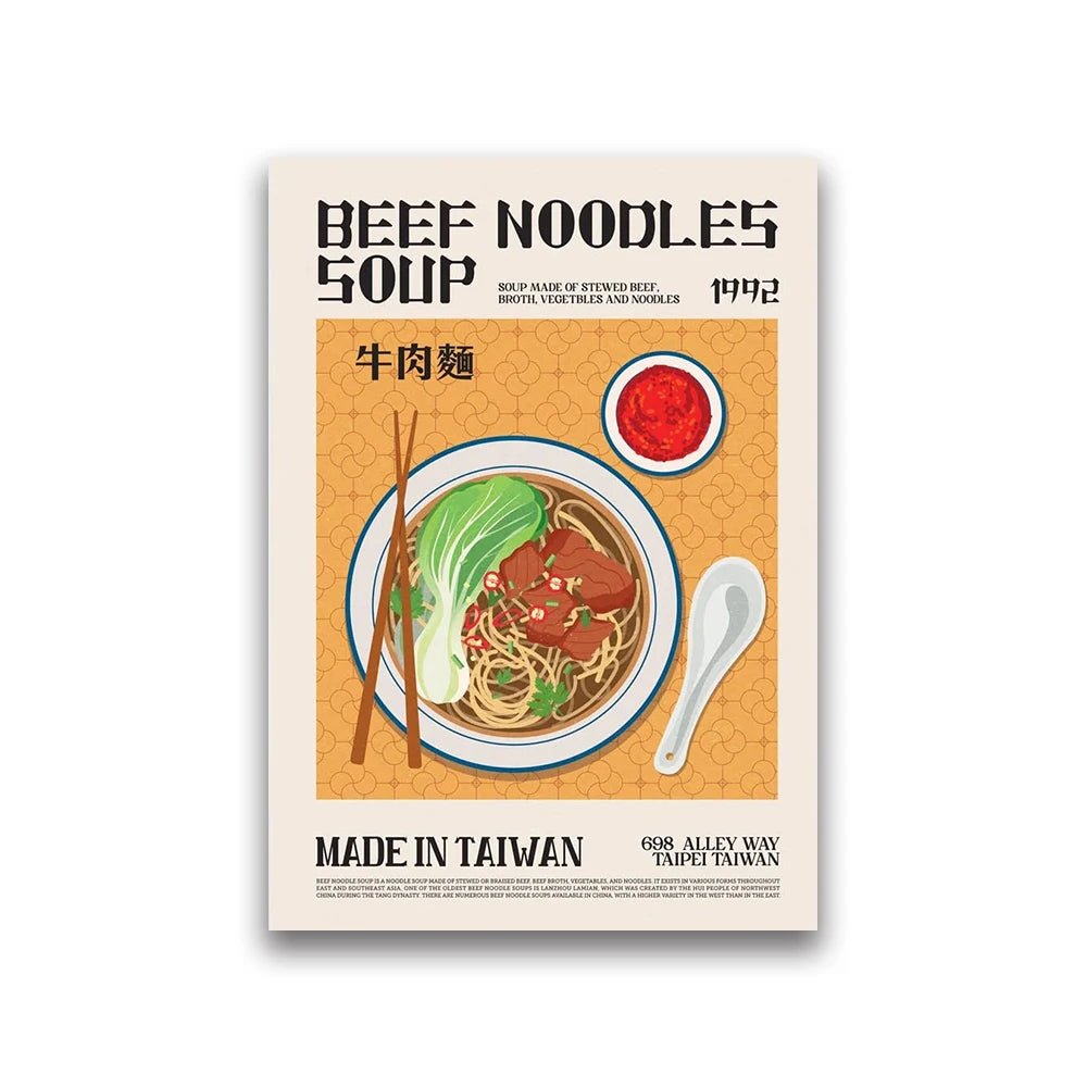 Poster of beef noodles with text and graphics on a beige background