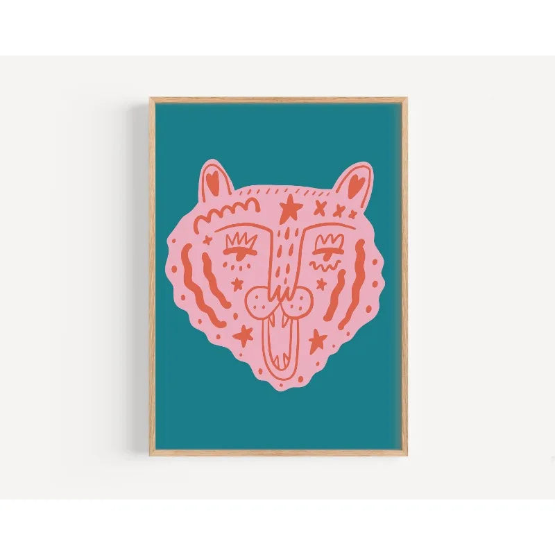 Framed artwork with a pink tiger head on a teal background