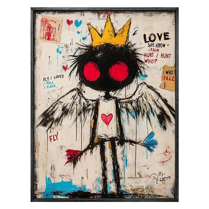 Artistic depiction of an angel with a crown and red eyes, holding a bow and arrow, on a textured background.