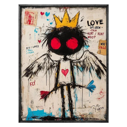 Artistic depiction of an angel with a crown and red eyes, holding a bow and arrow, on a textured background.