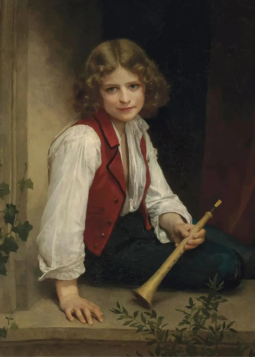 Portrait of a young girl holding a broom in a classical painting style.