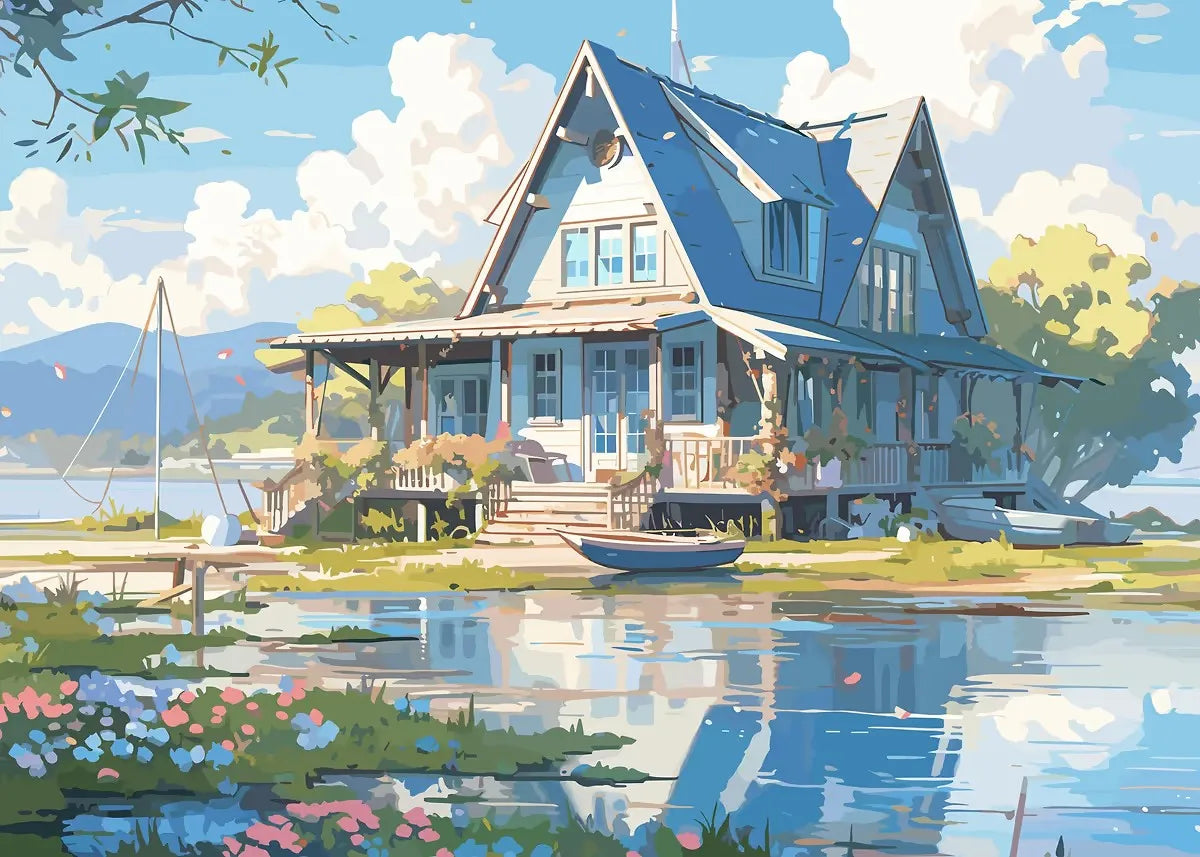 Painted scene of a blue house by a lake with boats and flowers.