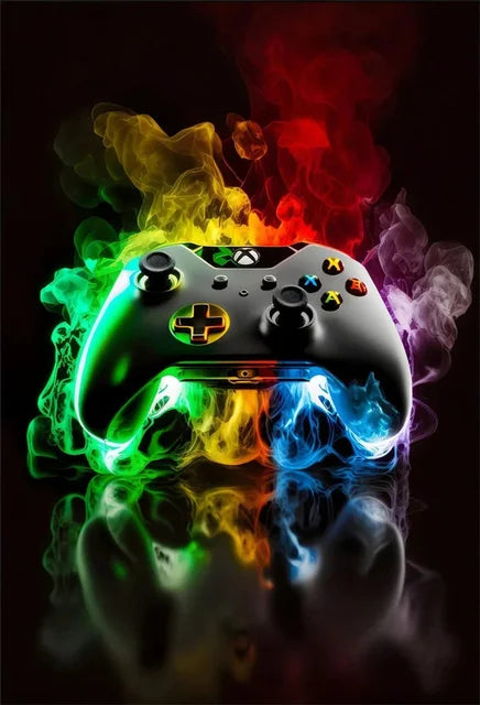 Gaming controller with rainbow smoke effects on a dark background