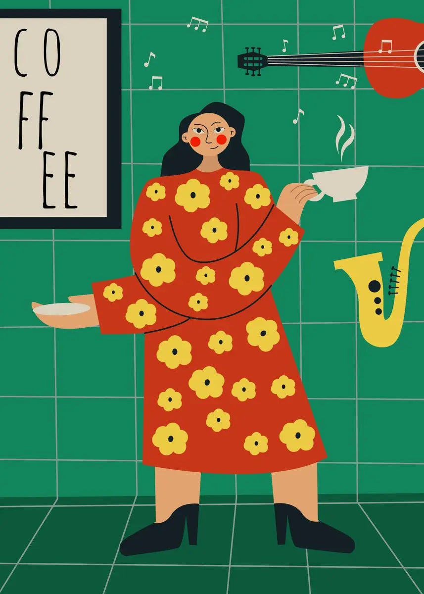 Illustration of a woman in a red dress with yellow flowers holding a coffee cup, surrounded by musical instruments and a 'COFFEE' sign.