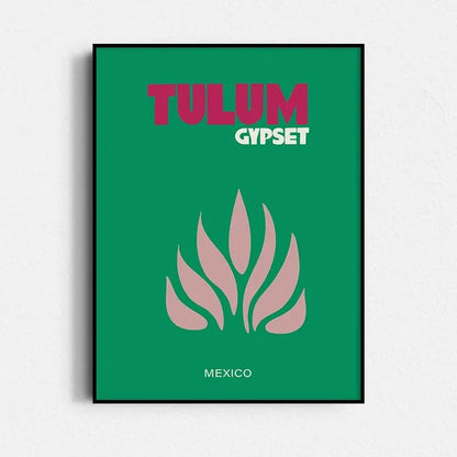 Poster with 'Tulum Gypset' and leaf design on a green background