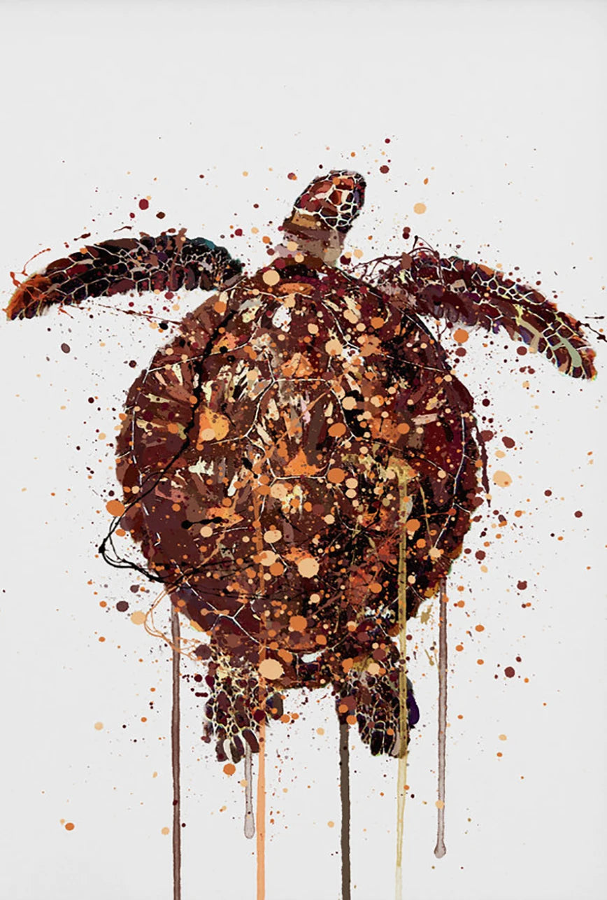 Artistic depiction of a turtle with abstract, splatter-like design on a light gray background
