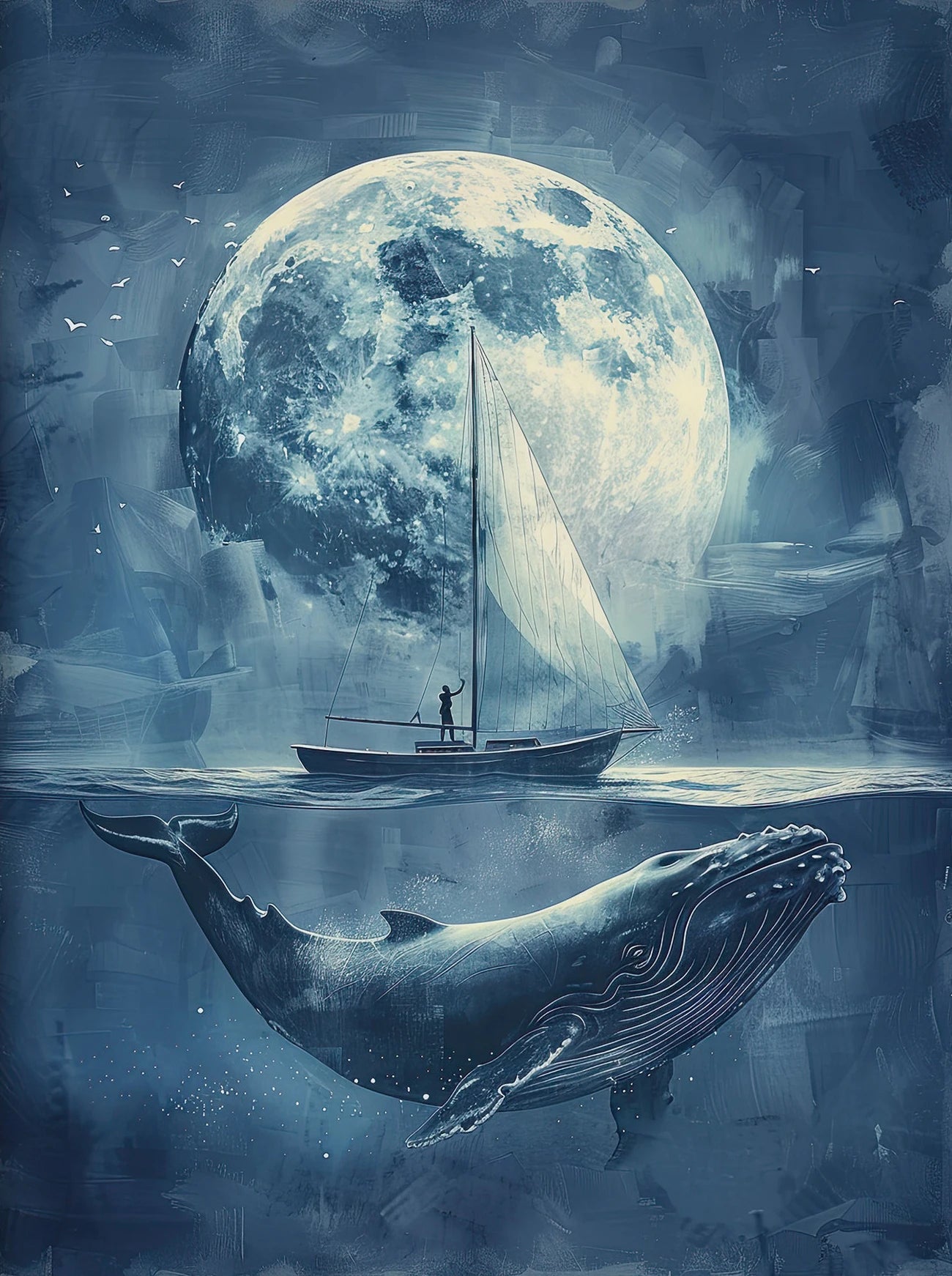 Sailboat under a large moon with a whale nearby