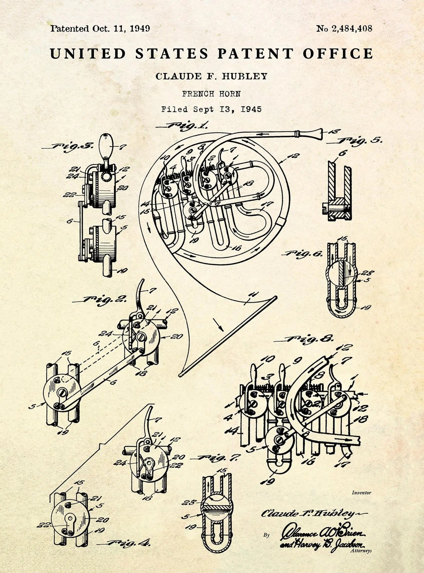 Patent illustration of a French horn design from the United States Patent Office.
