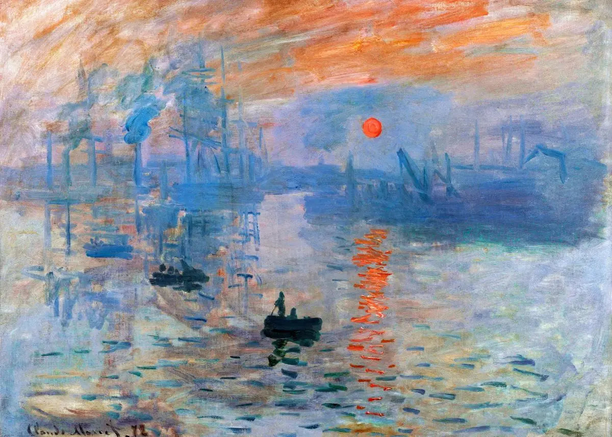 Painting of a sunset over water with a red sun and reflections.