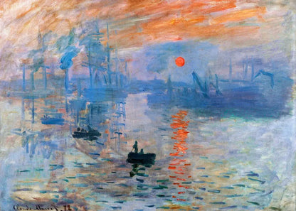 Painting of a sunset over water with a red sun and reflections.