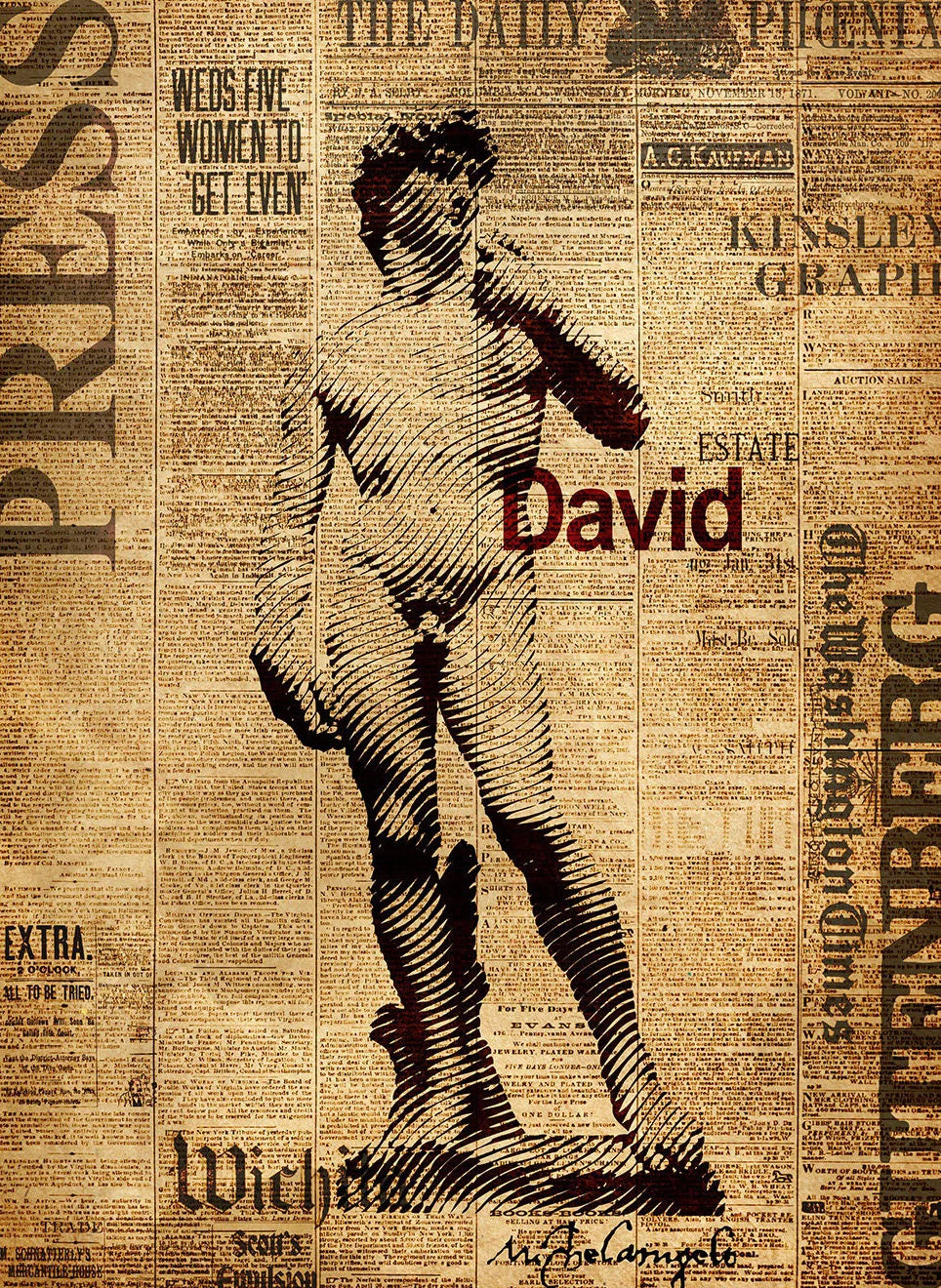 Statue of David on a newspaper background with text overlay