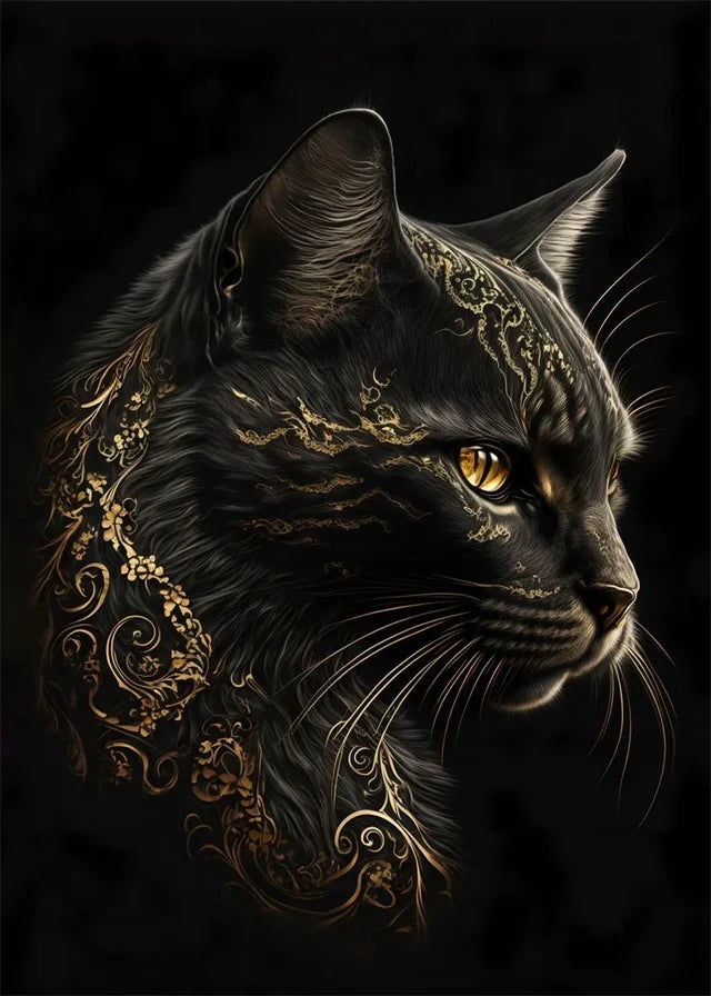 Artistic depiction of a black cat with gold decorative patterns on a dark background