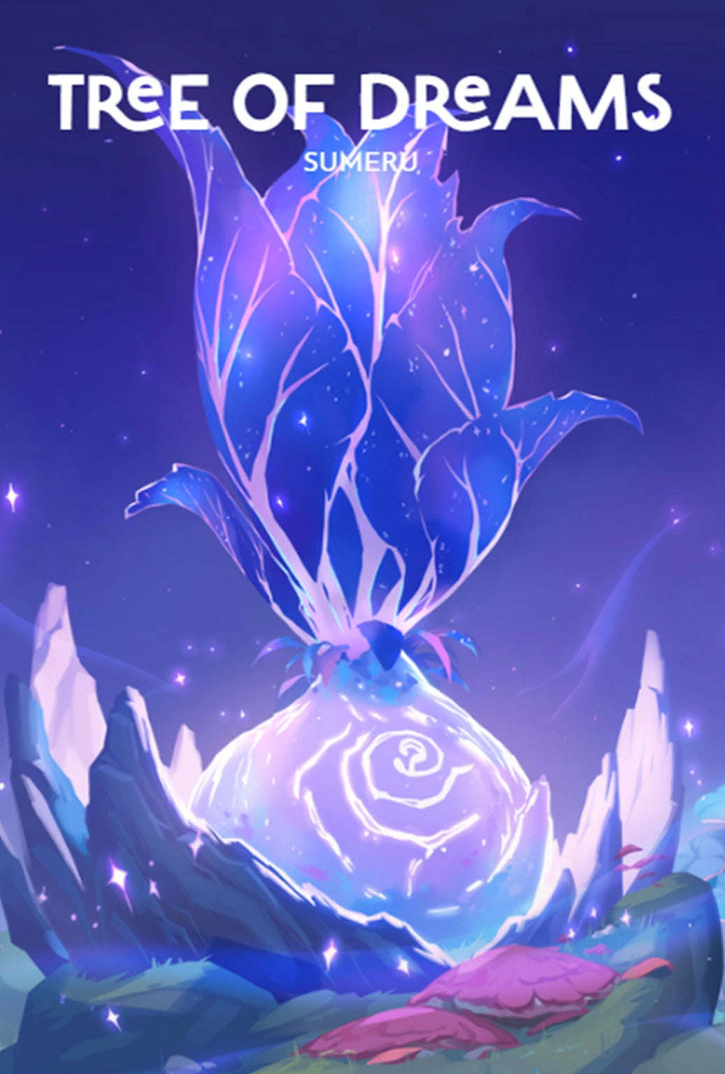 Illustration of a mystical tree with glowing blue leaves and roots on a purple background, titled 'Tree of Dreams' by Sumeru.