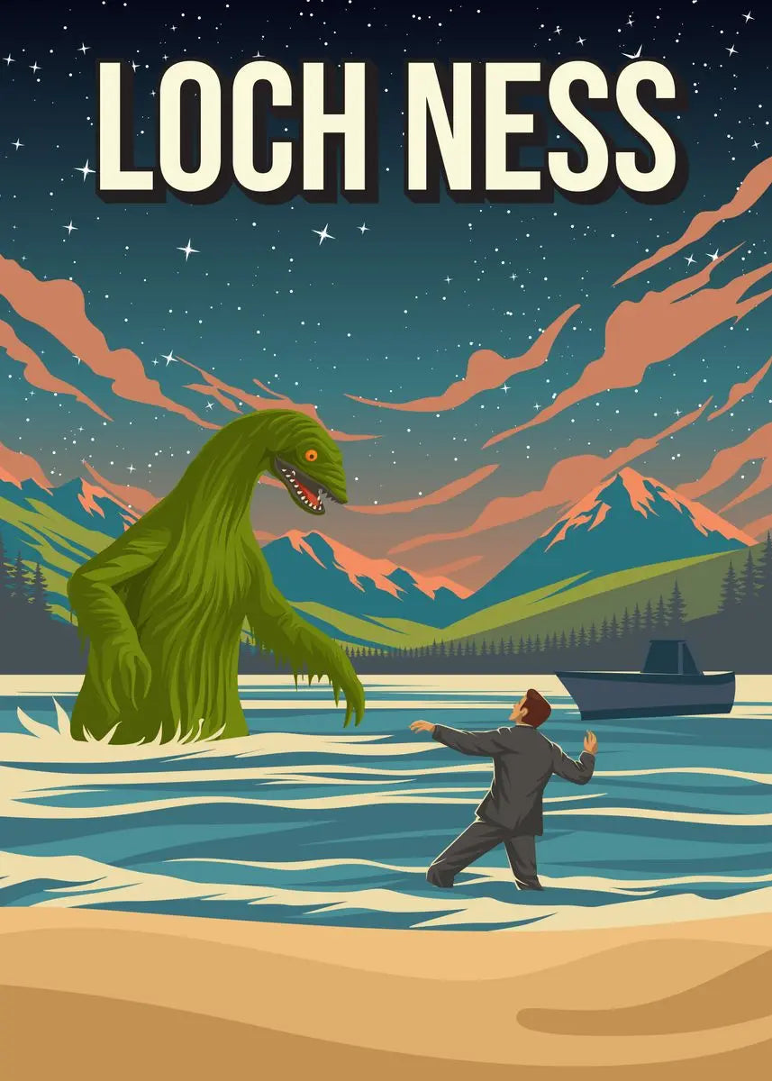 Illustration of a creature in Loch Ness with a person looking on, under a starry sky.
