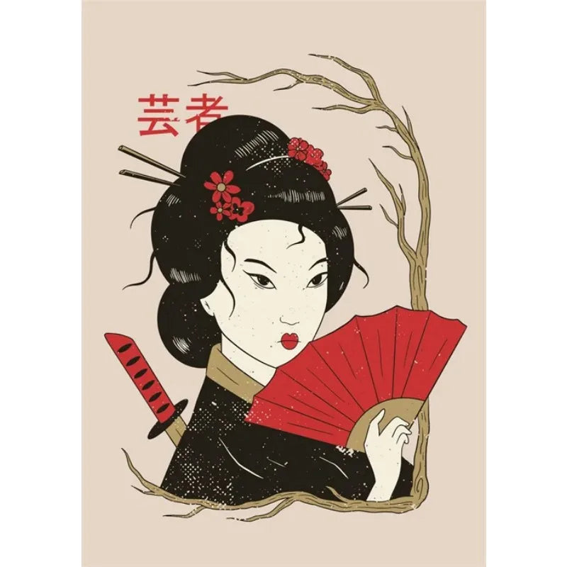 Traditional Japanese illustration of a geisha holding a red fan and katana, with a branch in the background.
