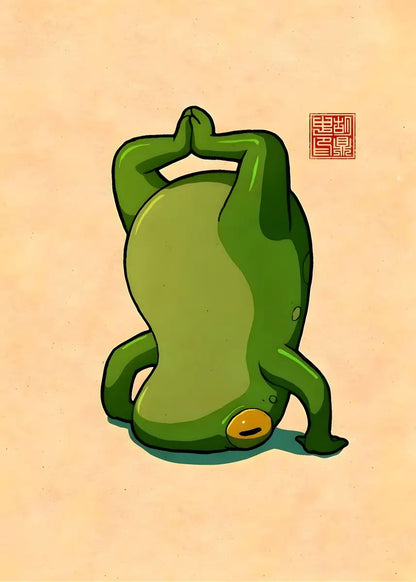 Green abstract figure in a yoga pose on a beige background with a red stamp.