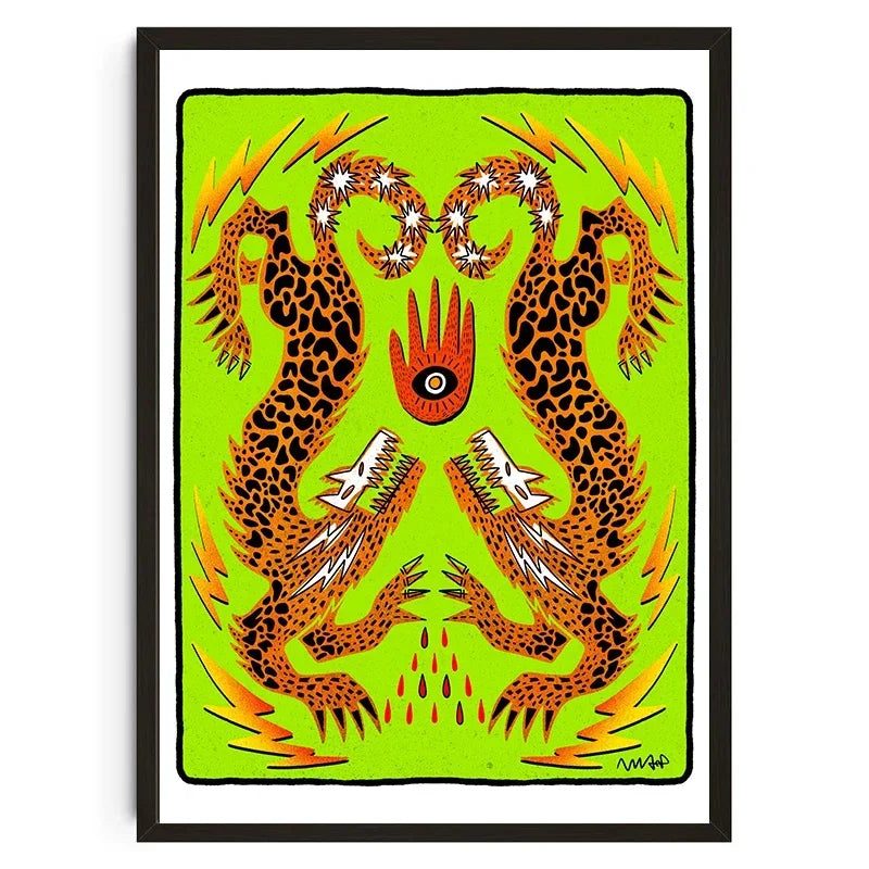 Framed artwork with a stylized design of leopards and abstract elements on a green background.