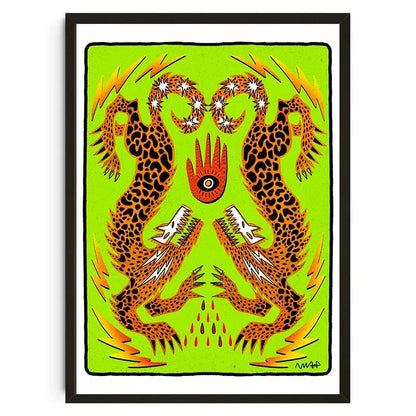 Framed artwork with a stylized design of leopards and abstract elements on a green background.