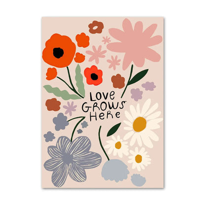 Poster with colorful floral design and 'Love Grows Here' text on a beige background