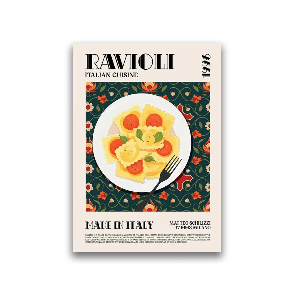 Poster of Ravioli with Italian cuisine text and a plate of ravioli on a decorative background.