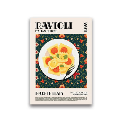 Poster of Ravioli with Italian cuisine text and a plate of ravioli on a decorative background.