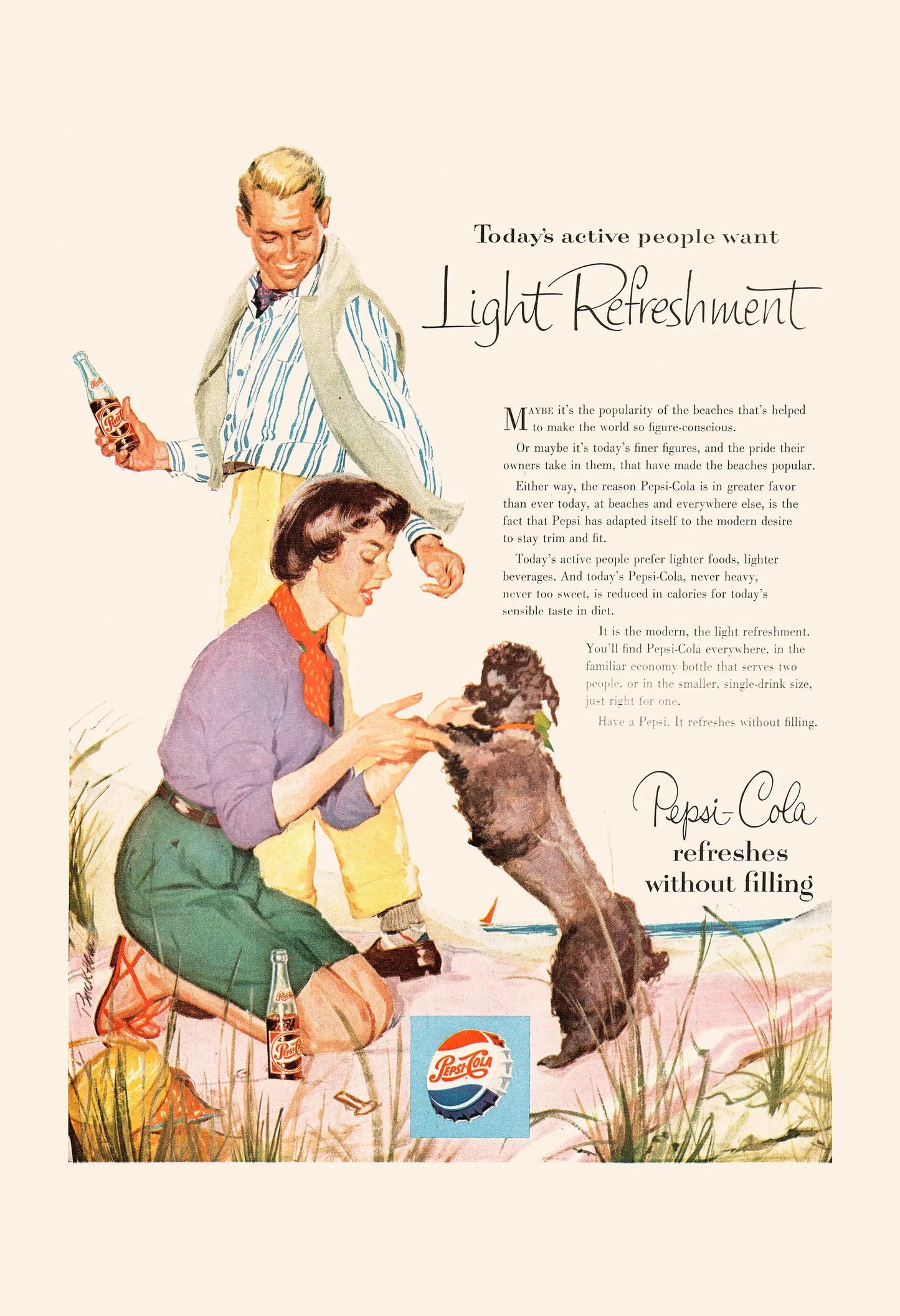 Vintage Pepsi-Cola advertisement featuring a couple with a dog outdoors, holding bottles.