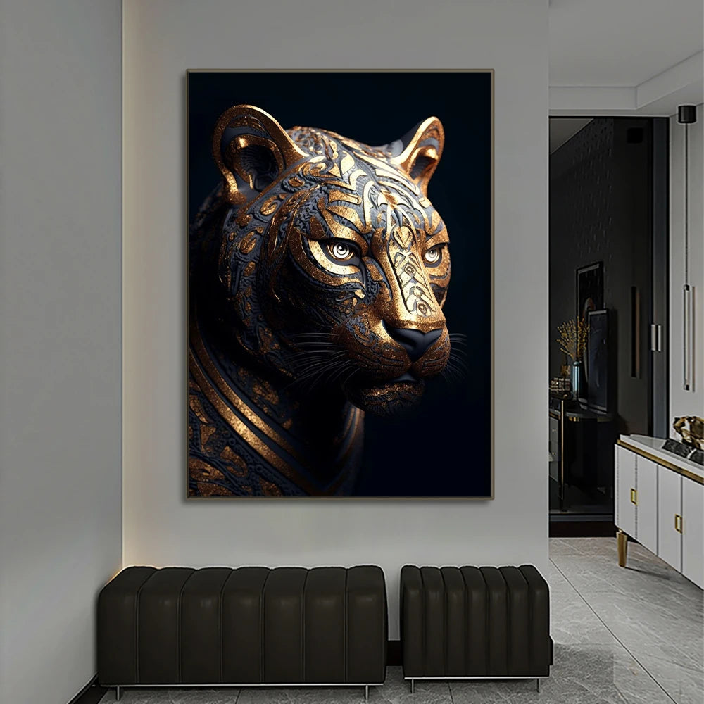 Decorative painting of a stylized tiger head on a wall in a modern interior setting.
