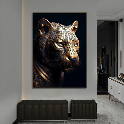 Decorative painting of a stylized tiger head on a wall in a modern interior setting.