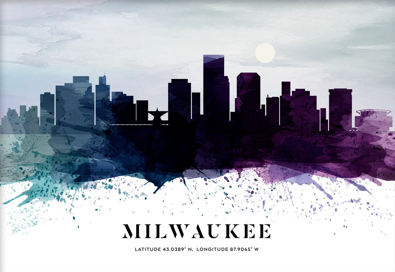 City skyline with 'Milwaukee' text and coordinates on a watercolor background