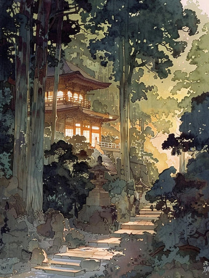 Traditional Japanese temple surrounded by trees with a warm glow