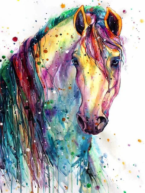 Colorful abstract painting of a horse's head on a white background