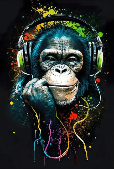 Colorful illustration of a monkey wearing headphones with abstract designs on a dark background
