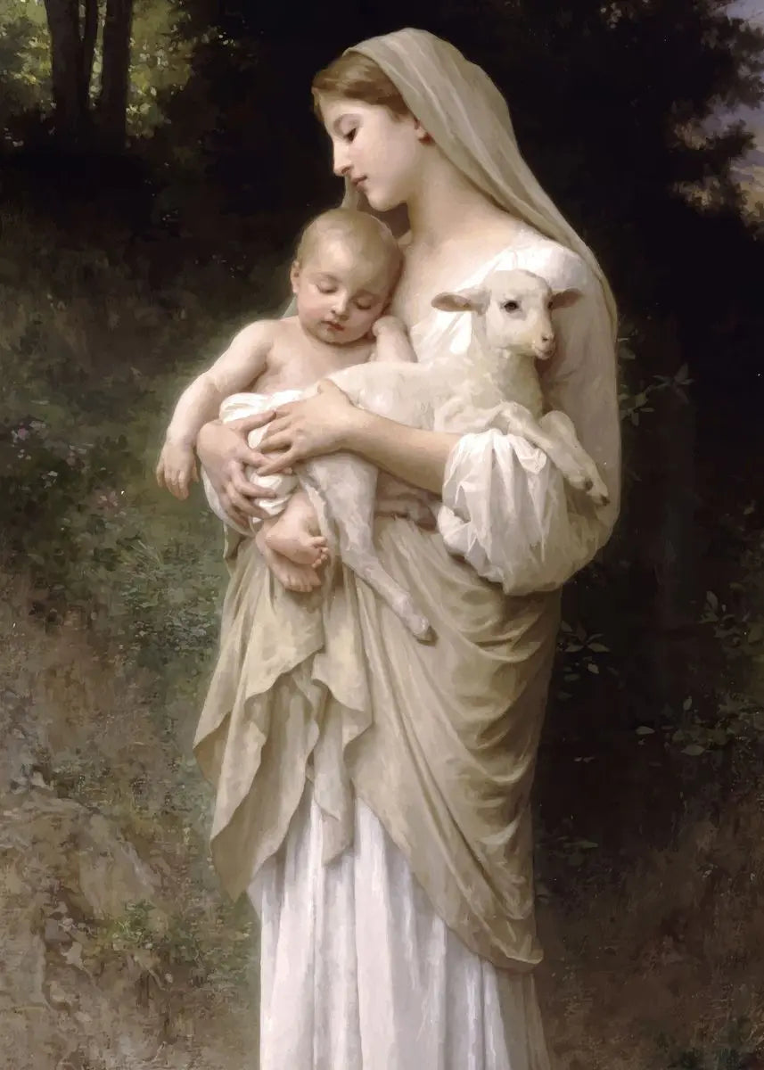 Painting of a woman holding a child and a lamb in a natural setting