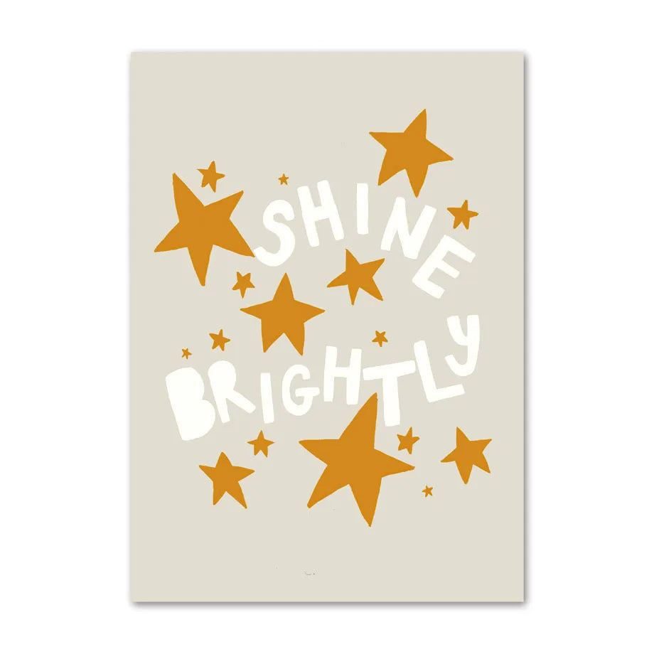 Poster with 'Shine Brightly' text and yellow stars on a beige background