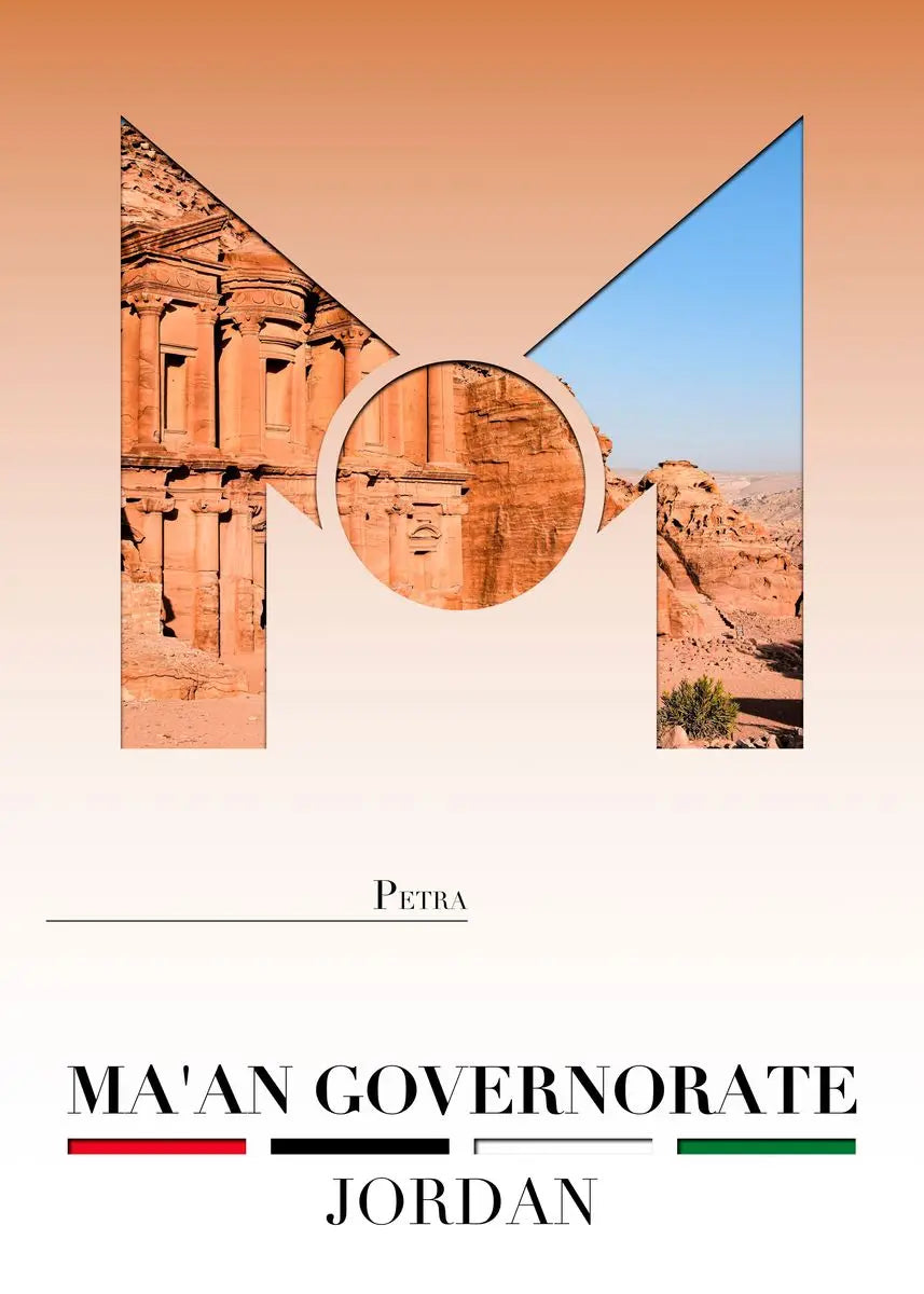 Promotional graphic for Ma'an Governorate, Jordan featuring Petra's ancient architecture.