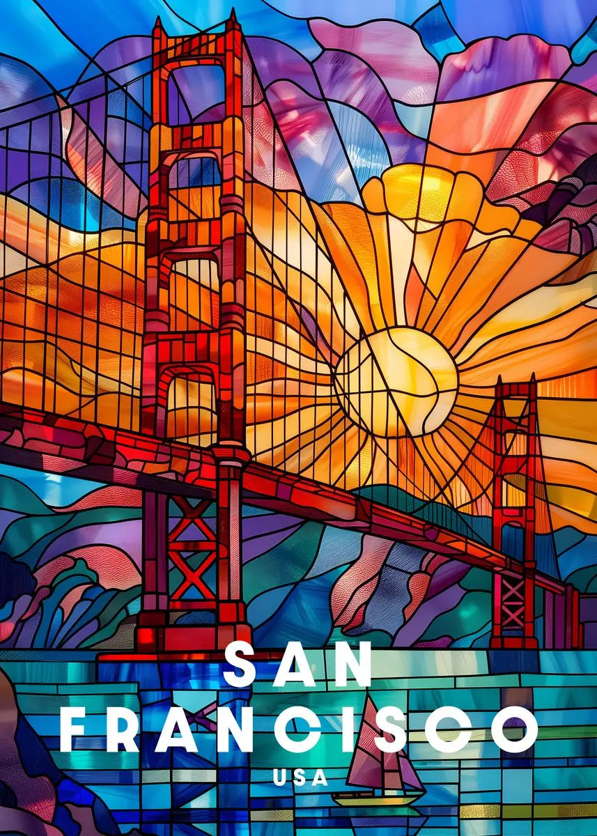 Stained glass-style artwork of the Golden Gate Bridge with 'San Francisco USA' text.