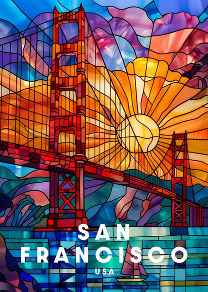 Stained glass-style artwork of the Golden Gate Bridge with 'San Francisco USA' text.