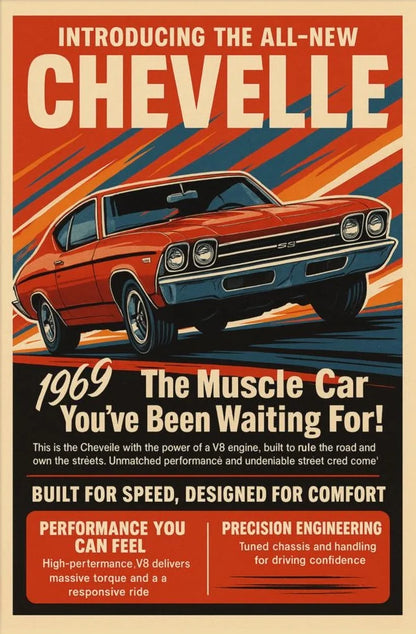 Vintage-style advertisement for the 1969 Chevelle muscle car with a red car on an orange and blue striped background.